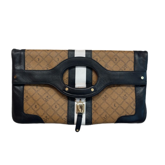 L.A.M.B. ~ Large Tan Clutch/Handbag Dark Brown Trim Black Striped Interior